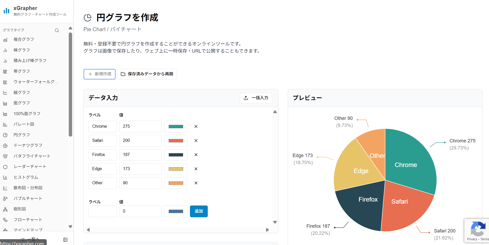 xGrapherの円グラフ作成画面